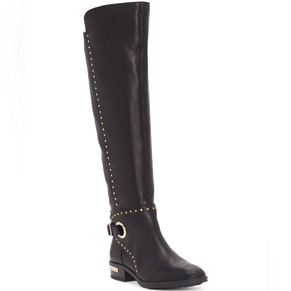 NEW Vince Camuto Poppidal Black Leather Knee High Riding Block Heel Boots sz 5.5